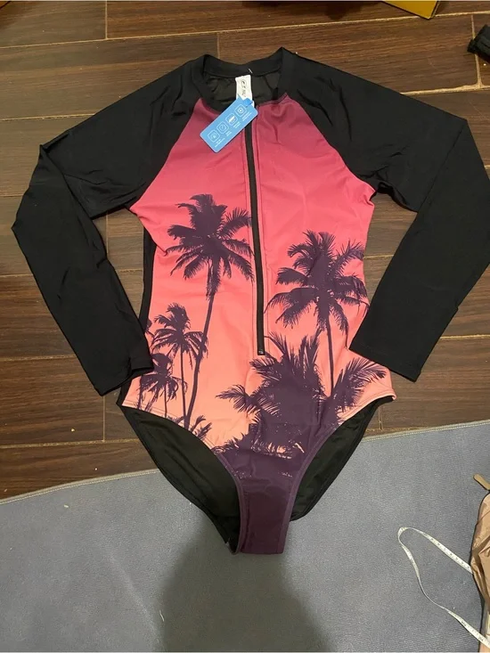 Halcurt Womens Long Sleeve Rash Guard UPF 50One Piece Swimsuit Palm Tree Sunset