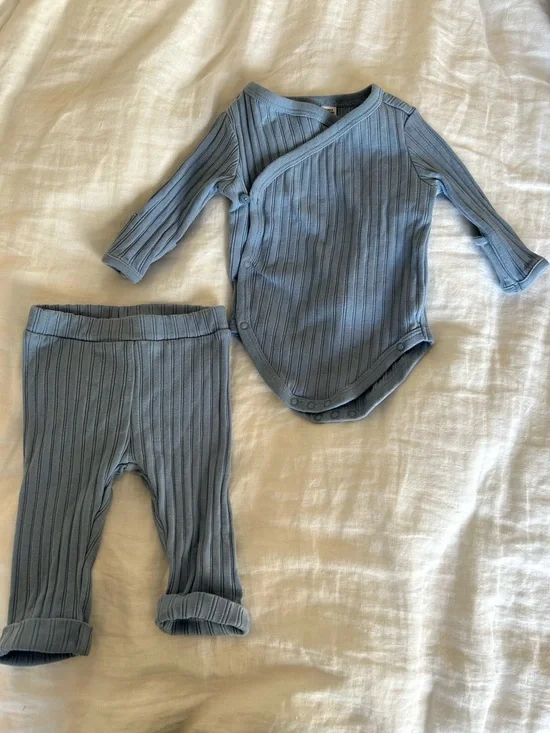 Janie and Jack Ribbed Wrap One-Piece and Pants - Light Blue
