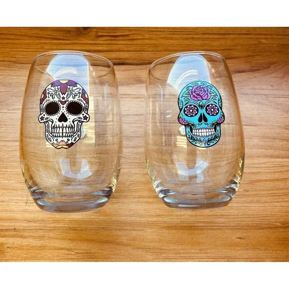 Stemless Wine Glass DAY OF THE DEAD Painted Scull 14 fl oz Set Of 2‎