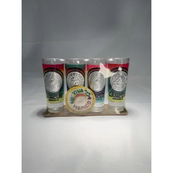 Riviera Maya Cancun Mexico Tall‎ Tequila 4 Shot Glasses Silver Tone Medallions
