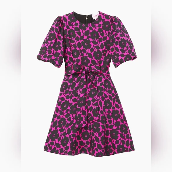 kate spade Pink and Black Floral Short Sleeve Fit-and-Flare Dress