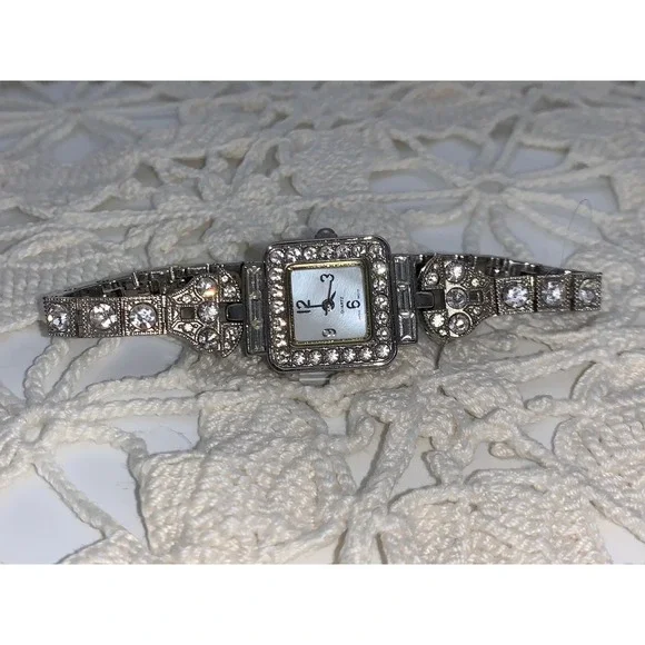 Vintage Silver Tone Crystal Square Face Cocktail Watch Japan Movt Art Deco Style