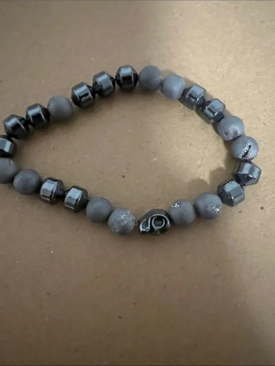 Gray Beaded Bracelet with Skull Accent