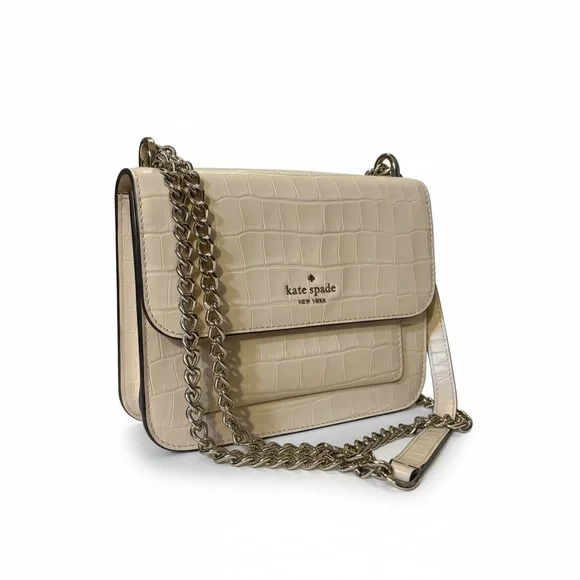 Kate Spade Croc Embossed Beige Crossbody Bag with Chain Strap