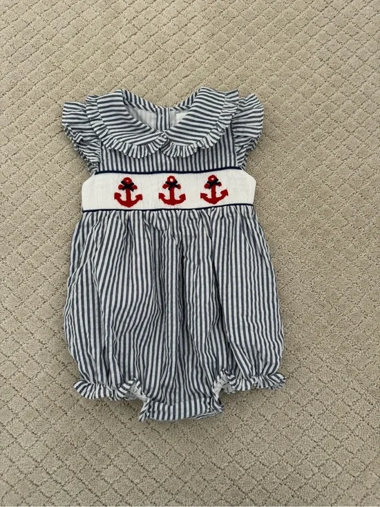 Cecil & Lou Striped Navy Bubble Romper with Red Anchor Smocking