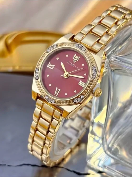 XIMIL Women’s Gold-Tone Watch with Rose Dial and Crystal Accents