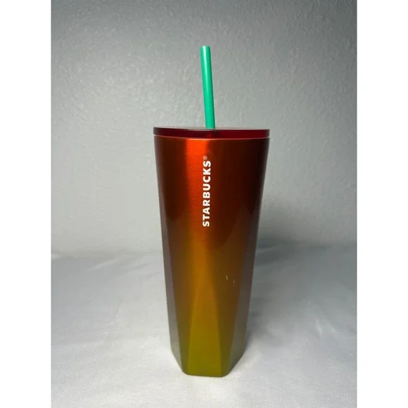 Starbucks 2022‎ Red Orange Yellow Ombre Faceted 24oz Cold Cup Tumbler with Straw