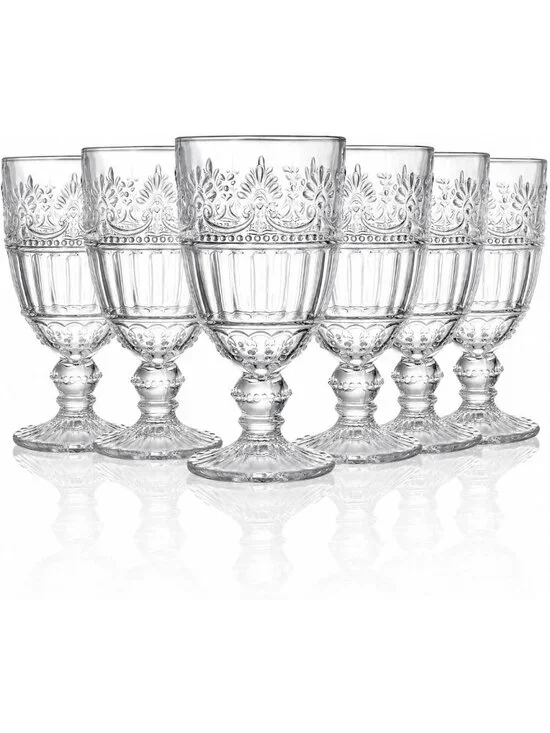 Vintage 6-Pack Glass Goblets - 12oz Stemware for Wine, Champagne & Cocktails