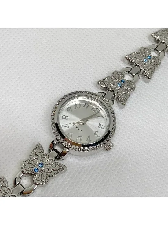 Butterfly blue Rhinestone Silver Tone Quartz women Watch 23mm up to 7.5” running