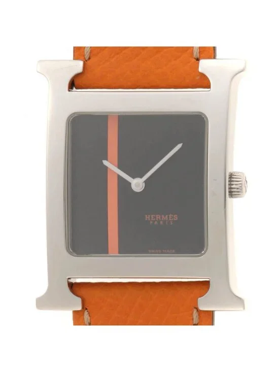 Hermes H Watch SS Stainless Steel Leather Strap Black Orange Line Dial Quartz