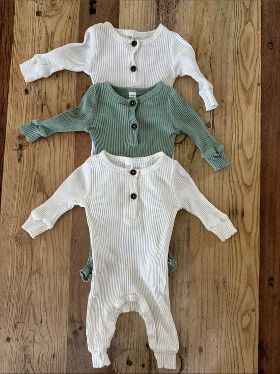 Baby Ribbed Long-Sleeve One-Piece in White, Sage Green, and Cream