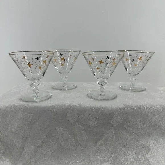 Vintage Royal Fern Martini Coupe Glasses Clear Gold Starburst Excellnt MCM Libby