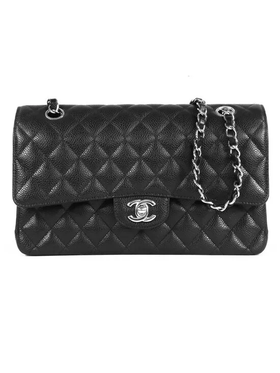 Chanel Chain Black Silver Caviar Leather Quilted 25 Double Flap Shoulder Bag