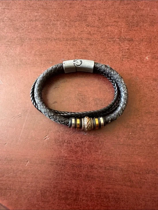 #137, Men's Black Braided Leather Bracelet with Metal Beads