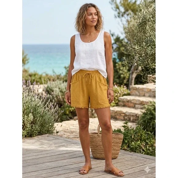 Umgee Mustard Yellow Pinstripe Frayed Hem Linen Blend Shorts M NWT