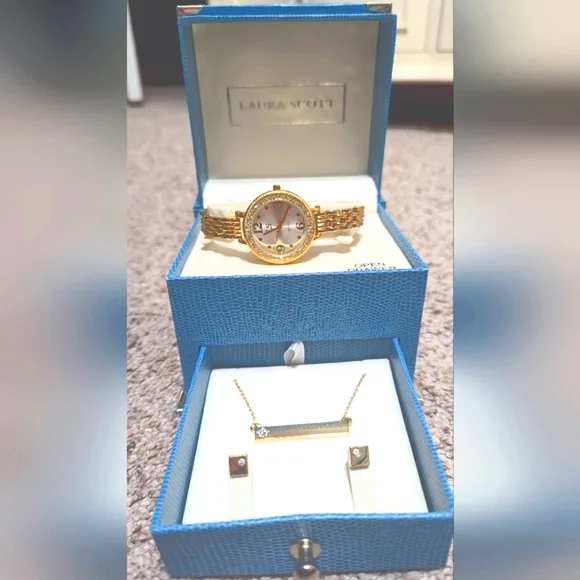 Laura Scott Gold Watch, Earrings and Necklace Set