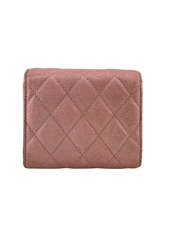 Chanel Quilted Caviar Leather Trifold Wallet Compact Pink Gold