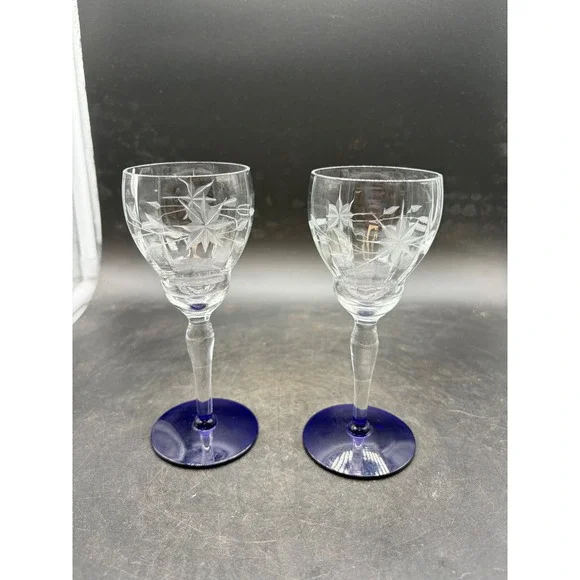 Vintage Etched Starburst Wheat Cordial Glasses Cobalt Blue Base Set of 2