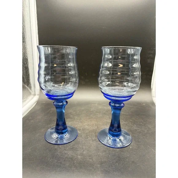 Blue Glass Wine Goblets Set of 2 Ribbed Bowl Cobalt Stem Two Tone Stemware 7.75