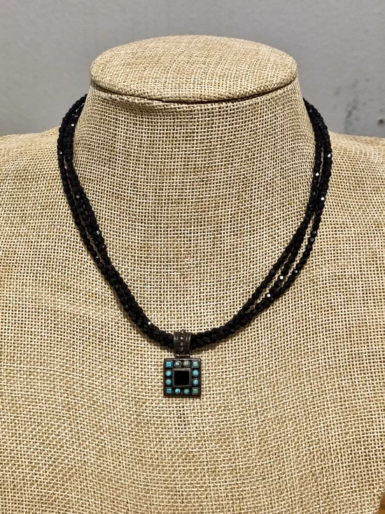 Vintage Black Onyx & Turquoise Sterling Silver Pendant Necklace