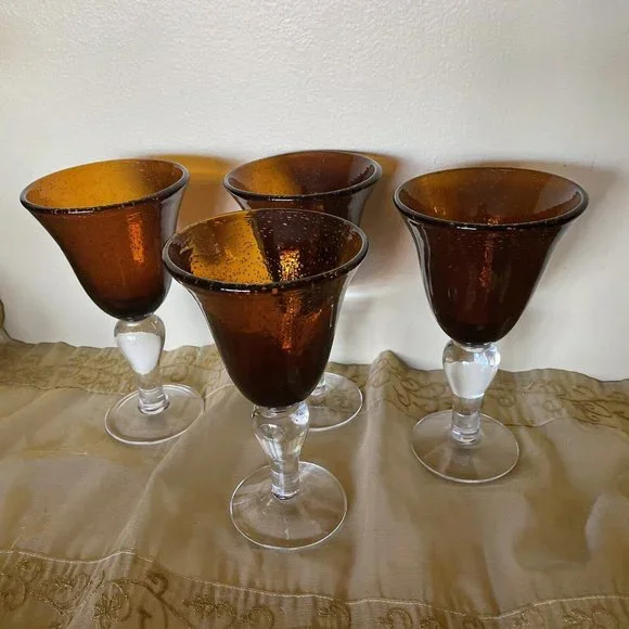 Blown Glass Goblets Bar Amber Gold Brown Clear Stem Set Of 2 (4 Available)