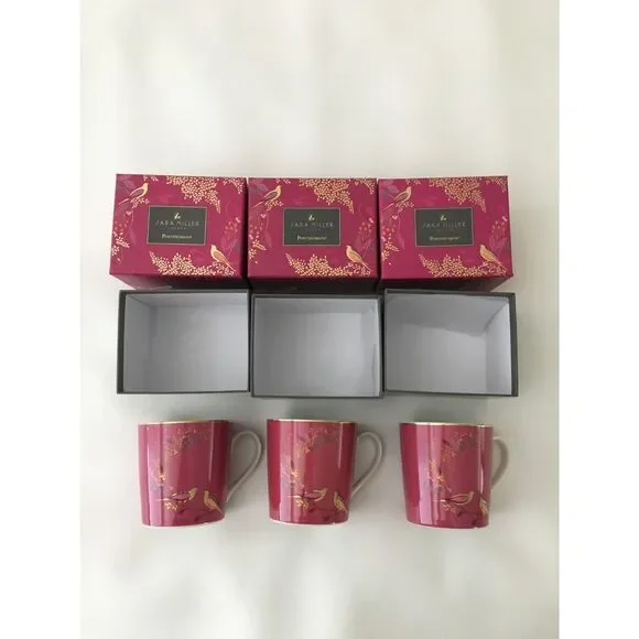 Sara Miller London Portmeirion Chelsea Pink Mugs 12 Oz Gold Set of 3 New Box