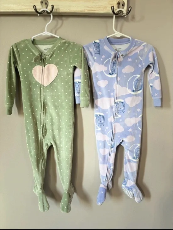 Carter's Green Polka Dot Footed One-Piece with Pink Heart & Blue Cloud Sleepers