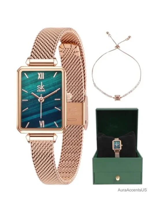 Dainty Women's Wrist Watch with Green Malachite Dial, Genuine Leather Strap,