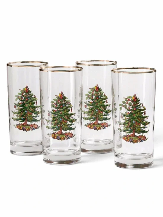 Set of 8 Spode Christmas Tree 22K Gold Rimmed 15oz Highball Glasses New in Box