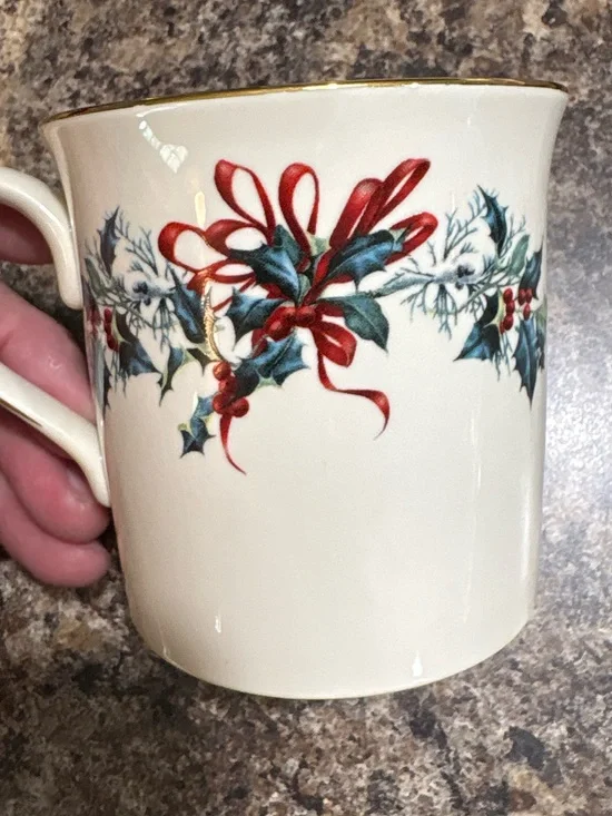 Lenox Cream Holiday Mug with Red Ribbon and Green Holly