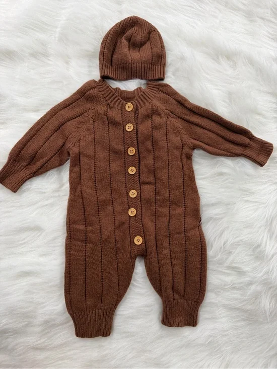 SHEIN Brown Knit Baby Footie with Matching Hat