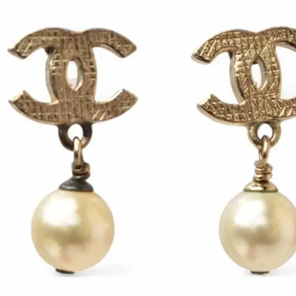 CHANEL Authentic Gold Pearl Logo Earrings