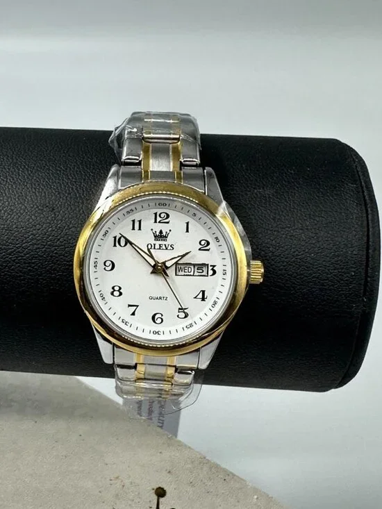 Olevs Watch Women Silver Gold Two Tone Date Window New Battery  7.25