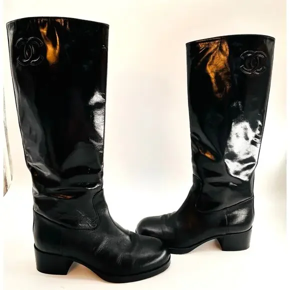 Chanel CC Black‎ Patent Leather Riding Boots EU 35 US 5