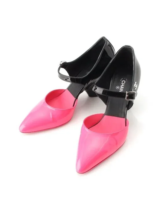 Chanel Patent CC Logo Strap Mary Jane Pumps Black Pink Heels