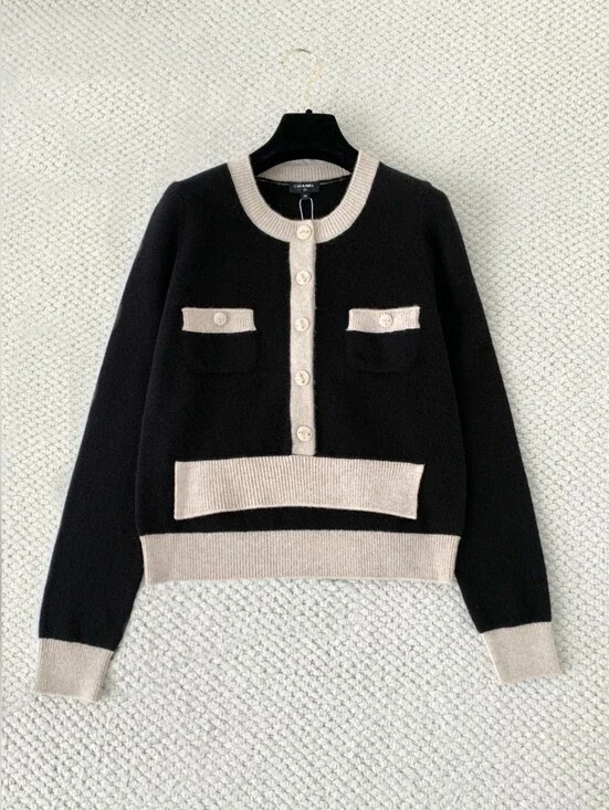 CHANEL Black Cashmere cardigan Sweater with Cream Trim Crewneck