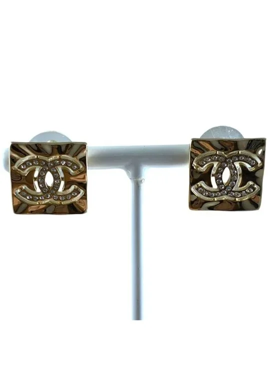 Chanel Earrings CC Logo Square Rhinestone Champagne Gold