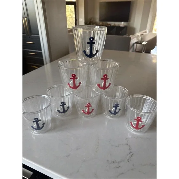 1970s Set Of 8 Nautical Anchor Double Wall Tumblers Hong Kong Red Blue Glasses