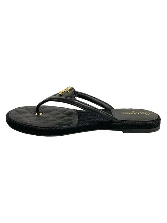 Chanel Beach Sandals Black Metiers d'Art Collection CC Logo Gold Lambskin