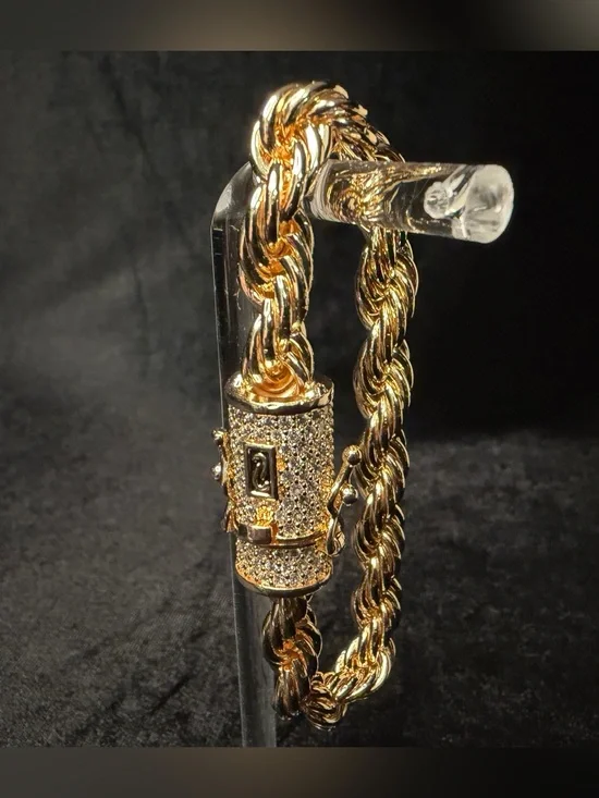 Iced Out AAA CZ Barrel Clasp 7in 7MM 14K Gold Finish Rope Bracelet Statement!!