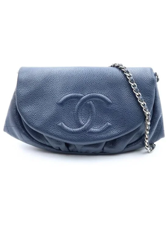 Chanel Half Moon Chain Mini Shoulder Bag Navy Caviar Leather Silver