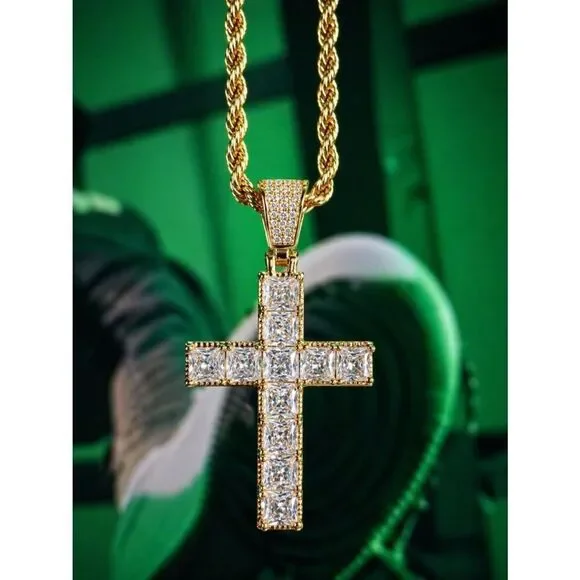 Gold Princess Cut Diamond Cross Necklace