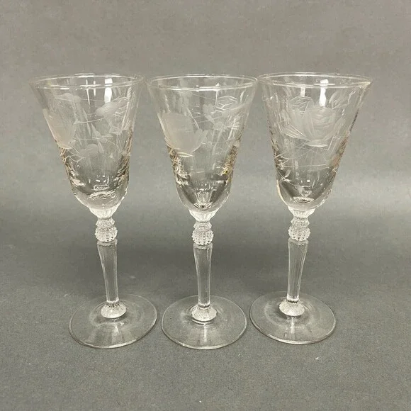 Vintage Wine Glasses‎ Clear Glass Etched Roses Flowers Floral 5 3/8