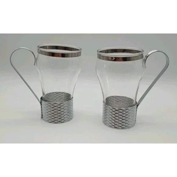 Vtg Federal Soda Fountain Glass Silver Basket Weave Holder Handle Removable