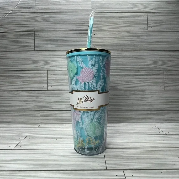 Lilly Pulitzer‎ 24oz Tumbler with Straw Blue Seashell Coastal Insulated Cup NWT