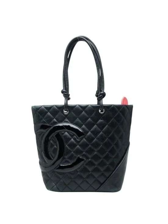 Chanel Cambon Line CC Logo Tote Black Leather Patent