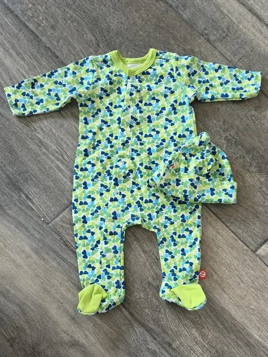 Zutano EUC 3 Months Blue/Green Shamrock Print Footie Romper and Hat
