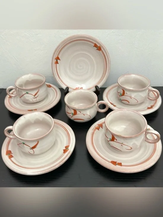 Rare Tachikichi Japanese Pottery Cup & Saucer Set of 5 Vintage In Box
