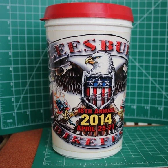 Budweiser Leesburg Bikefest 2014 18th Annual Plastic Travel‎ Mug Eagle Red Lid