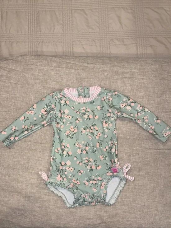 Ruffle Butts Green Floral Long-Sleeve One-Piece Bodysuit with Pink Accents